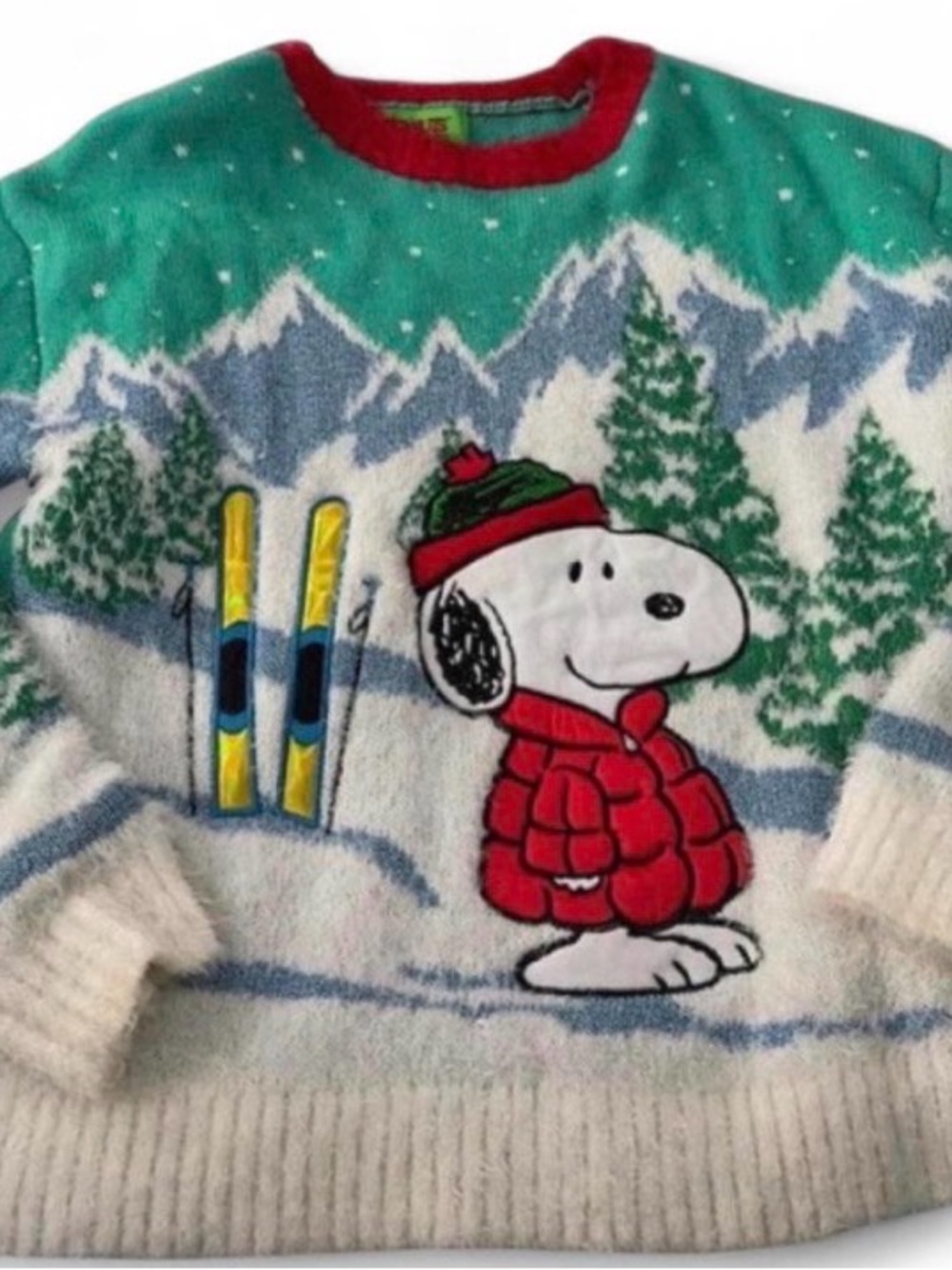 Peanuts Women's Green, White & Red Snoopy Ski Crewneck Sweater